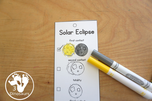 Free Total Solar Eclipse Bookmarks with the order of events for a total solar eclipse with pictures for kids to use to mark what they have seen.  3Dinosaurs.com