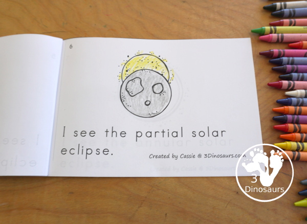 Free Solar Eclipse Easy Reader Book - with a 6 pages book with words about the solar eclipse with the Sun, Moon, Earth, Total Solar Eclipse, Partial Solar Eclipse and Annular Solar Eclipse - 3Dinosaurs.com