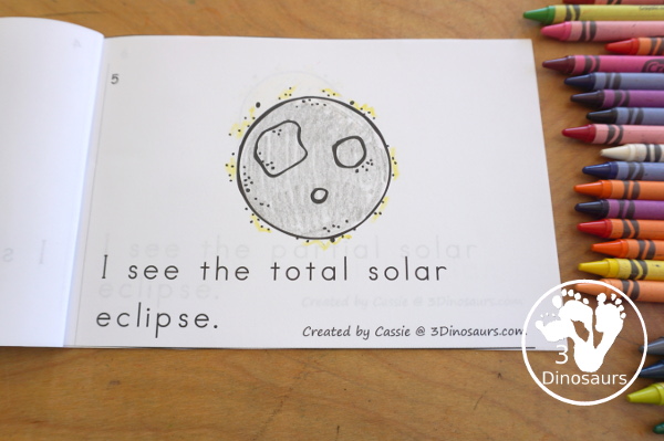 Free Solar Eclipse Easy Reader Book - with a 6 pages book with words about the solar eclipse with the Sun, Moon, Earth, Total Solar Eclipse, Partial Solar Eclipse and Annular Solar Eclipse - 3Dinosaurs.com