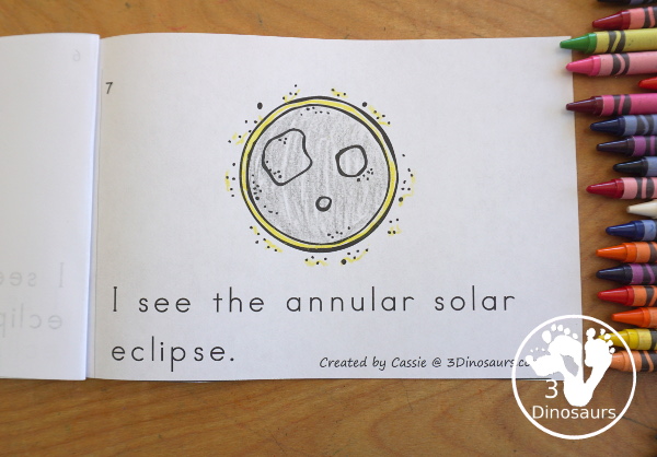 Free Solar Eclipse Easy Reader Book - with a 6 pages book with words about the solar eclipse with the Sun, Moon, Earth, Total Solar Eclipse, Partial Solar Eclipse and Annular Solar Eclipse - 3Dinosaurs.com