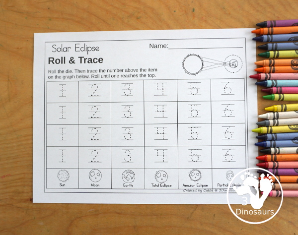 Solar Eclipse Roll & Graph With Trace Letters, Numbers & Shapes with a folding die and cube die with a graphing sheet, graphing with tracing numbers, graphing with tracing letters and graphing with tracing shapes. All with a fun solar eclipse theme for a space for prek and kindergarten - 3Dinosaurs.com