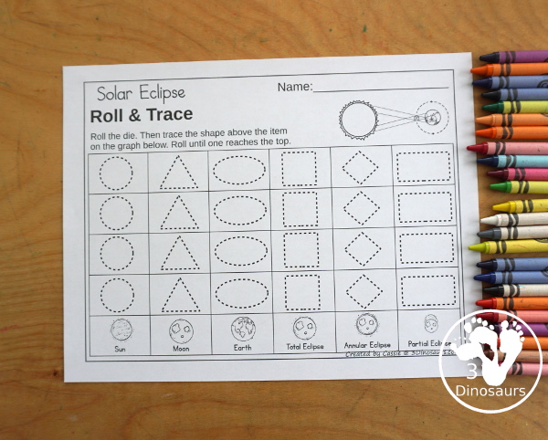 Solar Eclipse Roll & Graph With Trace Letters, Numbers & Shapes with a folding die and cube die with a graphing sheet, graphing with tracing numbers, graphing with tracing letters and graphing with tracing shapes. All with a fun solar eclipse theme for a space for prek and kindergarten - 3Dinosaurs.com