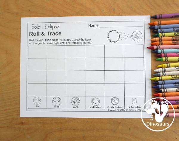 Solar Eclipse Roll & Graph With Trace Letters, Numbers & Shapes with a folding die and cube die with a graphing sheet, graphing with tracing numbers, graphing with tracing letters and graphing with tracing shapes. All with a fun solar eclipse theme for a space for prek and kindergarten - 3Dinosaurs.com