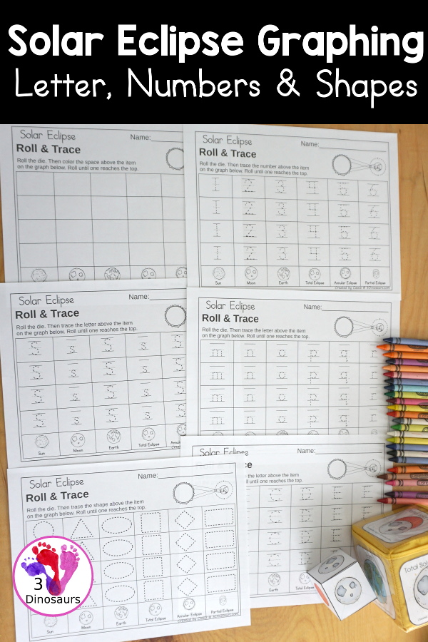 Solar Eclipse Roll & Graph With Trace Letters, Numbers & Shapes with a folding die and cube die with a graphing sheet, graphing with tracing numbers, graphing with tracing letters and graphing with tracing shapes. All with a fun solar eclipse theme for a space for prek and kindergarten - 3Dinosaurs.com