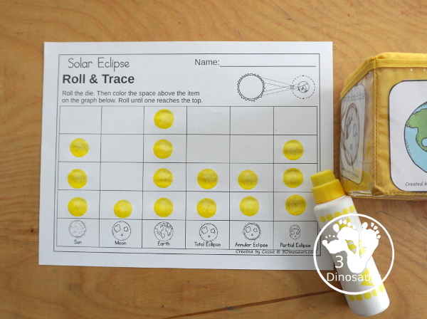 Solar Eclipse Roll & Graph With Trace Letters, Numbers & Shapes with a folding die and cube die with a graphing sheet, graphing with tracing numbers, graphing with tracing letters and graphing with tracing shapes. All with a fun solar eclipse theme for a space for prek and kindergarten - 3Dinosaurs.com