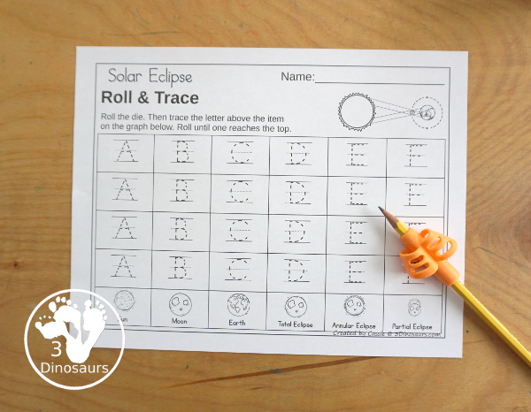 Solar Eclipse Roll & Graph With Trace Letters, Numbers & Shapes with a folding die and cube die with a graphing sheet, graphing with tracing numbers, graphing with tracing letters and graphing with tracing shapes. All with a fun solar eclipse theme for a space for prek and kindergarten - 3Dinosaurs.com