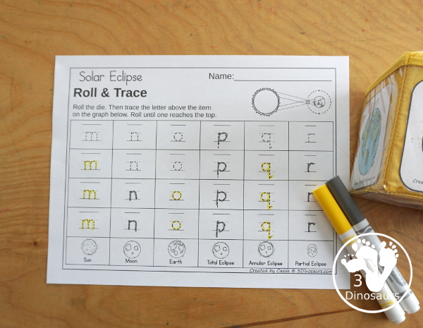 Solar Eclipse Roll & Graph With Trace Letters, Numbers & Shapes with a folding die and cube die with a graphing sheet, graphing with tracing numbers, graphing with tracing letters and graphing with tracing shapes. All with a fun solar eclipse theme for a space for prek and kindergarten - 3Dinosaurs.com