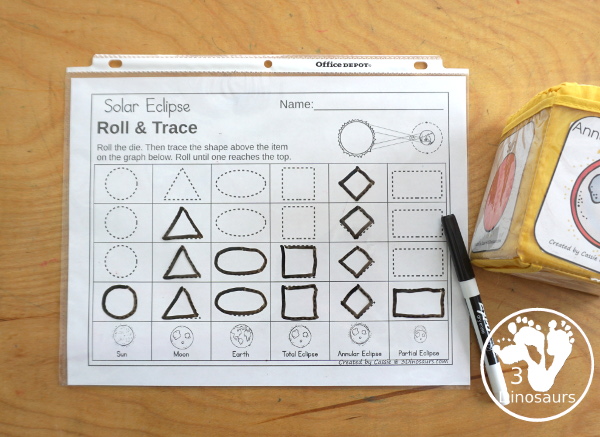 Solar Eclipse Roll & Graph With Trace Letters, Numbers & Shapes with a folding die and cube die with a graphing sheet, graphing with tracing numbers, graphing with tracing letters and graphing with tracing shapes. All with a fun solar eclipse theme for a space for prek and kindergarten - 3Dinosaurs.com