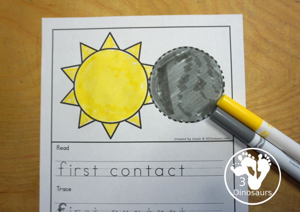 Free Solar Eclipse Words Book has the five parts of the total solar eclipse with coloring the pictures, reading the words, tracing the words and writing the words. Plus a simple solar eclipse cover page. - 3Dinosaurs.com