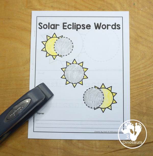 Free Solar Eclipse Words Book has the five parts of the total solar eclipse with coloring the pictures, reading the words, tracing the words and writing the words. Plus a simple solar eclipse cover page. - 3Dinosaurs.com