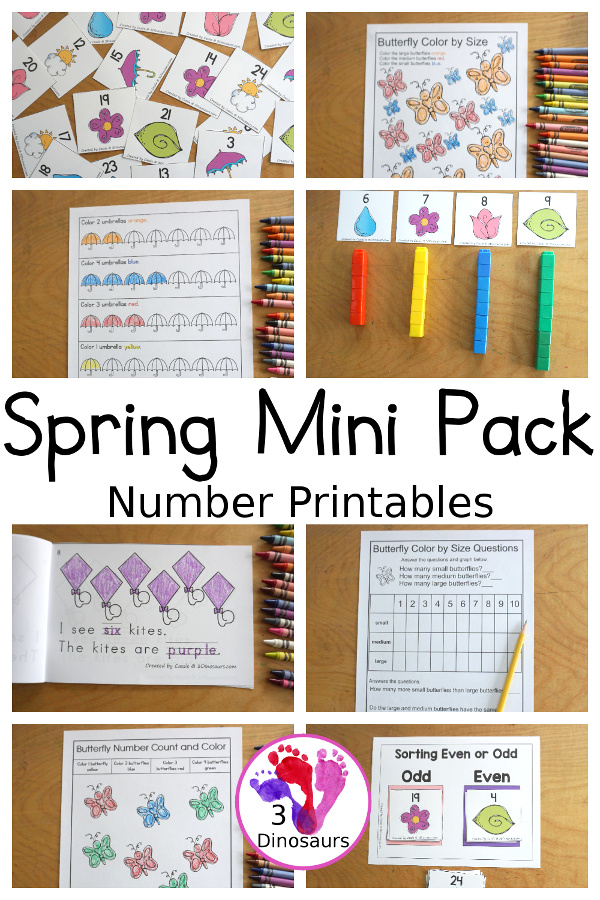 Spring Mini Pack with Number Printables: Even and odd, counting, color by size and count, counting and color kite book - 3Dinosaurs.com