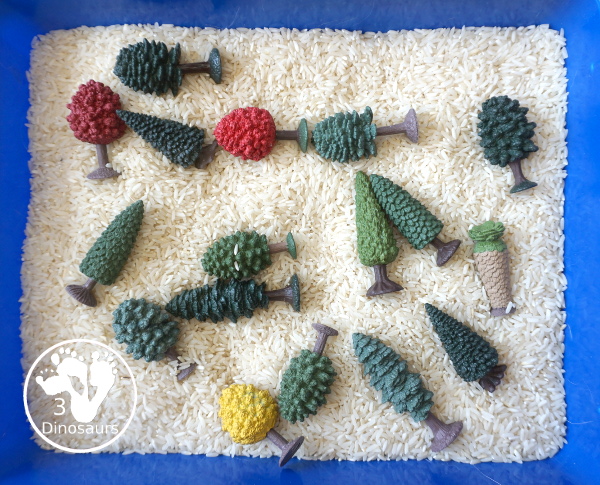 Tree & Rice Sensory Bin - a simple tree sensory bin with trees and rice for Arbor Day or Earth Day or any tree theme - 3Dinosaurs.com