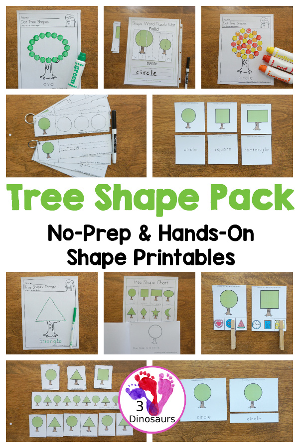 Tree Shape Themed Pack For PreK & Kindergarten - A fun pack full of shape activities with trees. It has a mix of no-prep and hands-on activities for kids for 12 shapes - 3Dinosaurs.com