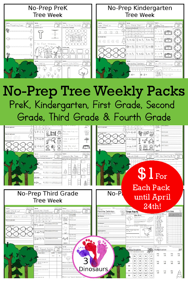 No-Prep Tree Weekly Packs PreK, Kindergarten, First Grade, Second Grade, Third Grade & Fourth Grade with 5 days of activities to do for each grade level with tree words - You will find a mix of math, language, and more - These are easy to use packs for homework and morning work. Easy no-prep printables for kids with four pages for each day - 3Dinosaurs.com