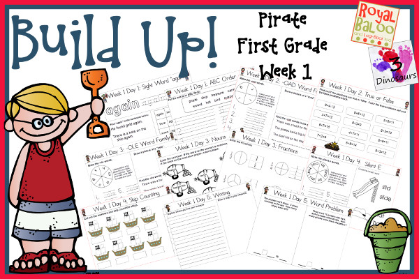 Build Up Summer Learning: Week 1 Pirate - First Grade: Sight Words: again, any, from, some, them; Word Family: -ee, -oad, -ole, -ose, -iles; Math and Language - 3Dinosaurs.com