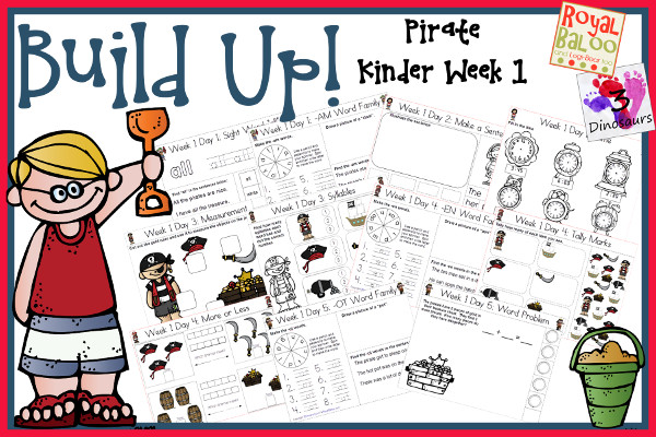 Build Up Summer Learning: Week 1 Pirate - Kinder: Sight Words: all, eat, our, soon, white; Word Family: (The Bug in the Jug Wants a Hug) -am, -un, -id, -en, -ot; Math  and Language- 3Dinosaurs.com