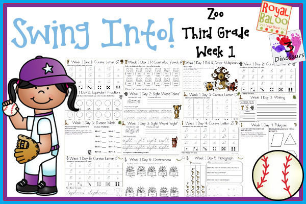 Swing Into Summer Learning: Week 1 Zoo - Third Grade: Sight Words: about, done, eight, long, seven; A R-Controlled Vowels, Cursive Alphabet: A, B, C, D, E; Math & Language - 3Dinosaurs.com & RoyalBaloo.com 