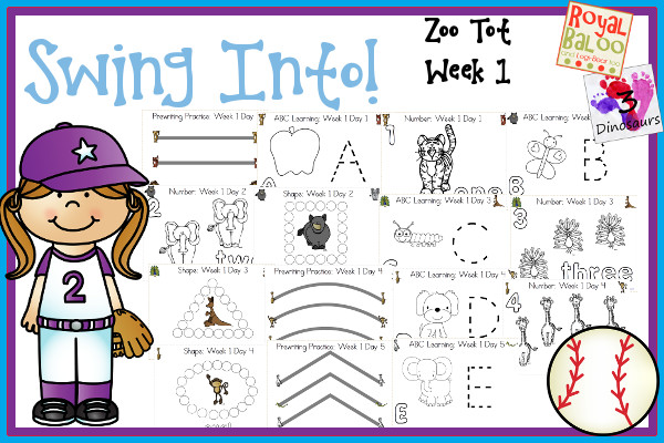 Swing Into Summer Learning: Week 1 Zoo - Tot: Prewriting, Alphabet: A, B, C, D, E, Shapes: circle, square, triangle, oval & rectangle, Numbers: 1, 2, 3, 4, 5 - 3Dinosaurs.com