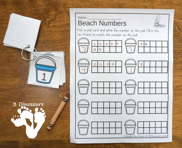 Bubbles & Beach Themed Ten Frame Printables: No-Prep & Hands-On - 168 pages of printables working on ten frame activities for numbers 1 to 20 with hands-on and no-prep: cards, worksheets and easy reader books - 3Dinosaurs.com #handsonmath #teacherspayteachers #tenframe #summerprintablesforkids #printablesforkids