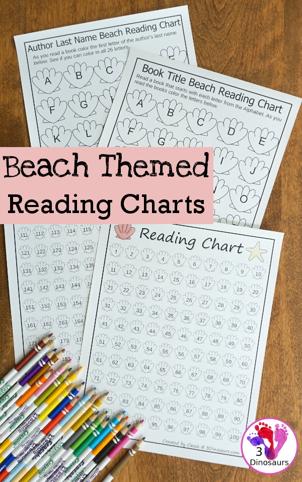 Free Beach Themed Reading Charts: ABC Theme for Book Title & Author and 100 Charts are great for helping give kids a fun way to read books during the summer - 3Dinosaurs.com