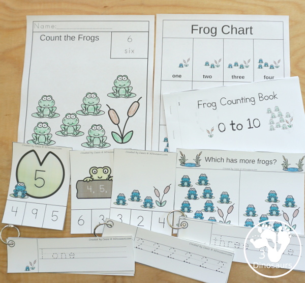 Frog Activity Pack: Numbers - a fun set of frog activities in this fun printable pack that has four sets of number clip cards, numbers 0 to 10 easy reader books, three sets of number tracing strips and number no-prep coloring printables all to help kids learn numbers. - 3Dinosaurs.com