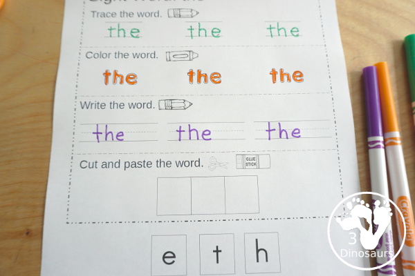 Free Preprimer Sight Word Trace, Color, Write, Cut & Paste - all 40 dolch pre primer sight words in an easy to use worksheet that has trace, coloring, writing, and cut and paste for the sight words - 3Dinosaurs.com