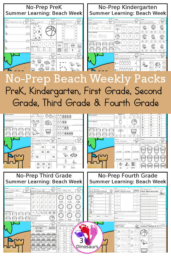 Beach No-Prep Weekly Packs PreK, Kindergarten, First Grade, Second Grade, Third Grade & Fourth Grade with 5 days of activities to do for each grade level With loads of beach themes - You will find a mix of math, language, and more - These are easy to use packs for summer learning, homework, early finisher, and morning work. Easy no-prep printables for kids with four pages for each day - 3Dinosaurs.com