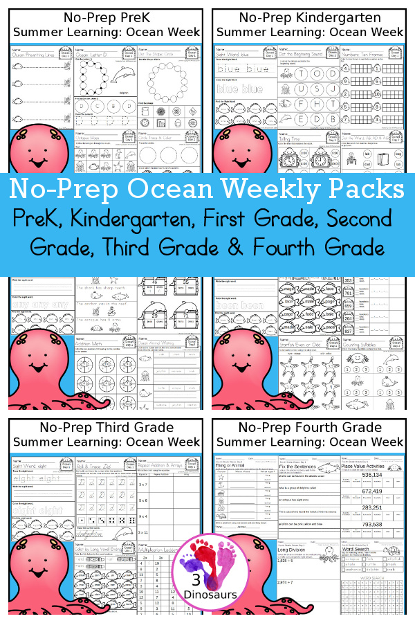 Ocean No-Prep Weekly Packs PreK, Kindergarten, First Grade, Second Grade, Third Grade & Fourth Grade with 5 days of activities to do for each grade level With loads of ocean themes - You will find a mix of math, language, and more - These are easy to use packs for summer learning, homework, early finisher, and morning work. Easy no-prep printables for kids with four pages for each day - 3Dinosaurs.com
