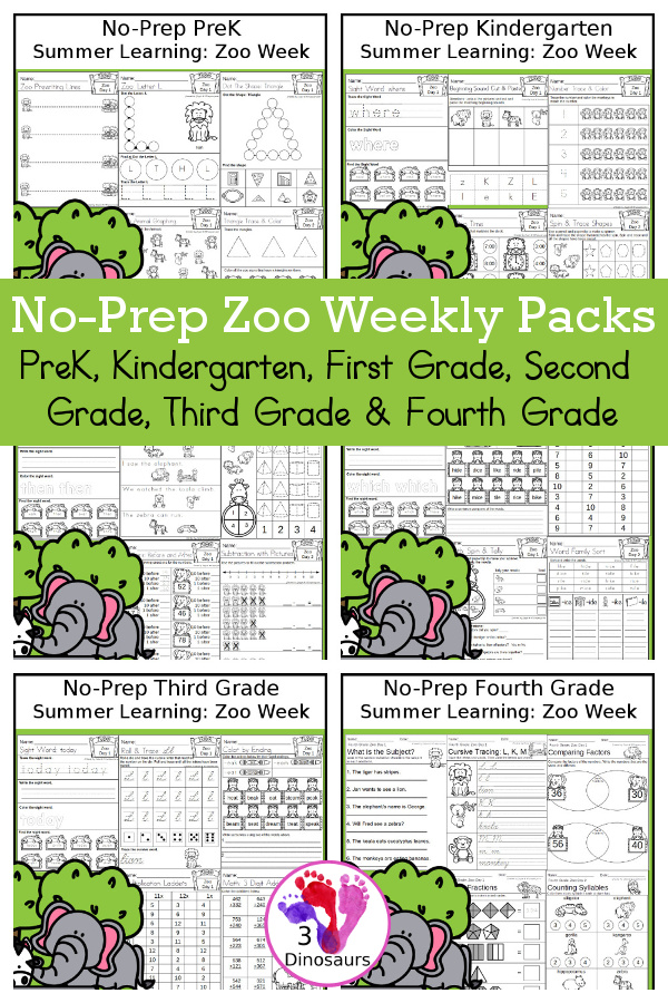 Zoo No-Prep Weekly Packs PreK, Kindergarten, First Grade, Second Grade, Third Grade & Fourth Grade with 5 days of activities to do for each grade level With loads of zoo animal themes - You will find a mix of math, language, and more - These are easy to use packs for summer learning, homework, early finisher, and morning work. Easy no-prep printables for kids with four pages for each day - 3Dinosaurs.com