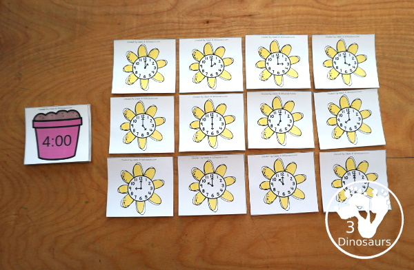 Free Flower Telling Time Matching Cards - with hourly matching cards with analog clock and digital clock with 12 matching paints for each of the hours on a clock  - 3Dinosaurs.com