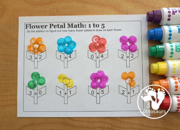 Free Flower Petal Counting & Math Printable - counting pages from 1 to 10 and addition pages working on addition up to 10. Easy with color and black and white options. - 3Dinosaurs.com