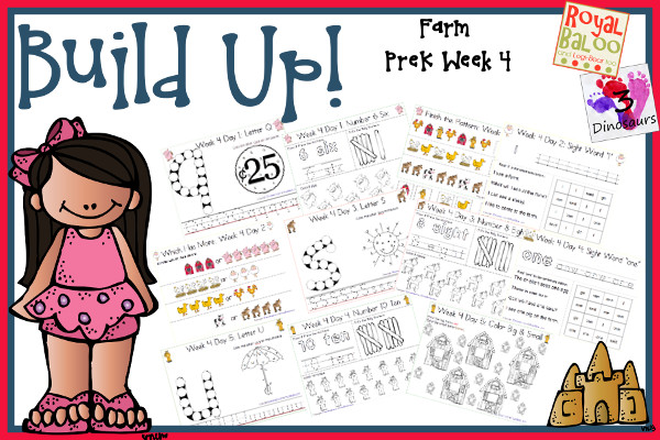 Build Up Summer Learning: Week 4 Farm - You are going to find: Alphabet: Q, R, S, T, U; Sight Words: go, I, me, one, said; Number: 6, 7, 8, 9, 10; and an extra learning page for each day 3Dinosaurs.com