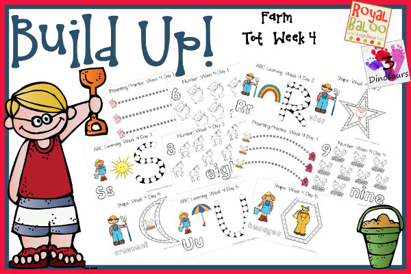 Build Up Summer Learning: Week 4 Farm - You are going to find: Prewriting, Alphabet: Q, R, S, T, U; Shapes: diamond, star, heart, crescent, hexagon; Numbers: 6, 7, 8, 9, 10.- 3Dinosaurs.com