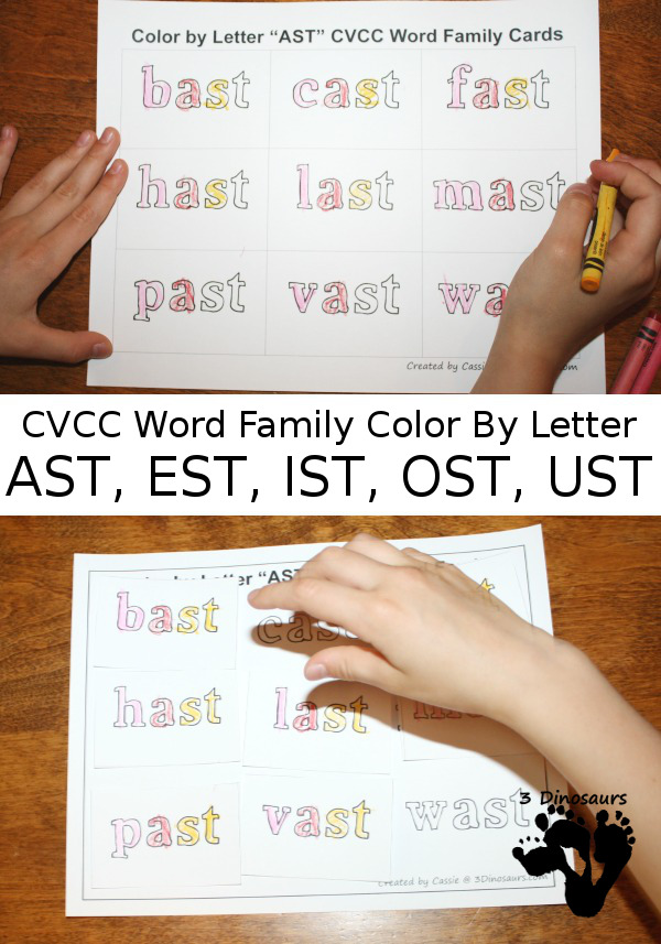 Free CVCC Word Family Color by Letter:  -AST, -EST, -IST, -OST, -UST - 3Dinosaurs.com