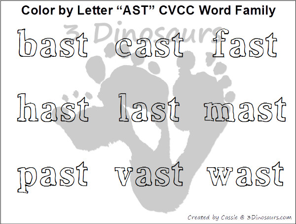 Free CVCC Word Family Color by Letter:  -AST, -EST, -IST, -OST, -UST - 3Dinosaurs.com