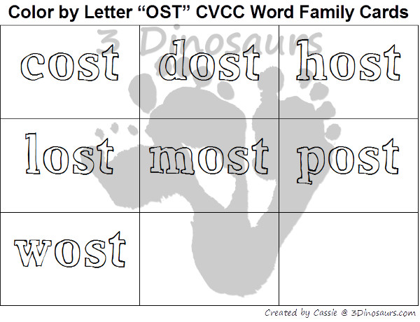 Free CVCC Word Family Color by Letter:  -AST, -EST, -IST, -OST, -UST - 3Dinosaurs.com