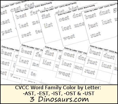 Free CVCC Word Family Color by Letter:  -AST, -EST, -IST, -OST, -UST - 3Dinosaurs.com