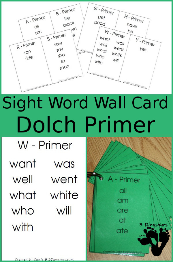 Free Dolch Primer Sight Word Wall Cards: It has all 52 words - 3Dinosaurs.com