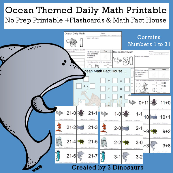 Ocean Daily Math For the Summer - flashcards Addition & subtraction, math fact house and no-prep printables $6 - 3Dinosaurs.com