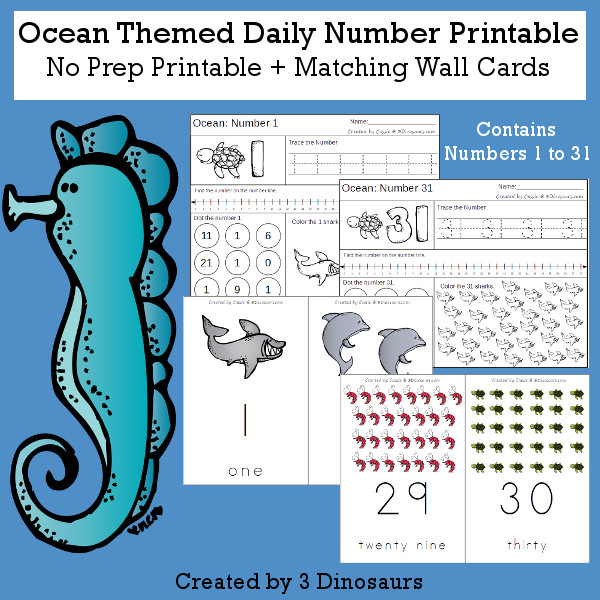 Ocean Daily Number For the Summer - wall cards, no-prep printables $4 - 3Dinosaurs.com