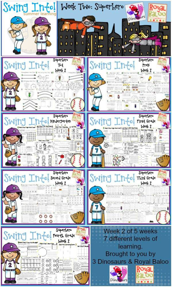 FREE Swing Into Summer Learning: Week 2 Superhero - 5 days of activities with 7 levels of learning: Tot, PreK, Kinder, First Grade, Second Grade, Third Grade and Fourth Grade - including math, language, abcs and more - 4 pages of printables for each day  - 3Dinosaurs.com & RoyalBaloo.com