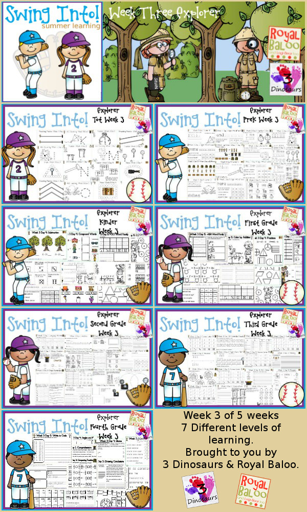 FREE Swing Into Summer Learning: Week 3 Explorer - 5 days of activities with 7 levels of learning: Tot, PreK, Kinder, First Grade, Second Grade, Third Grade and Fourth Grade - including math, language, abcs and more - 4 pages of printables for each day  - 3Dinosaurs.com & RoyalBaloo.com