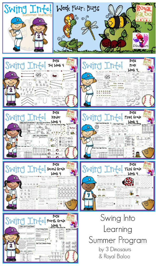 FREE Swing Into Summer Learning: Week 4 Bugs - 5 days of activities with 7 levels of learning: Tot, PreK, Kinder, First Grade, Second Grade, Third Grade and Fourth Grade - including math, language, abcs and more - 4 pages of printables for each day  - 3Dinosaurs.com & RoyalBaloo.com