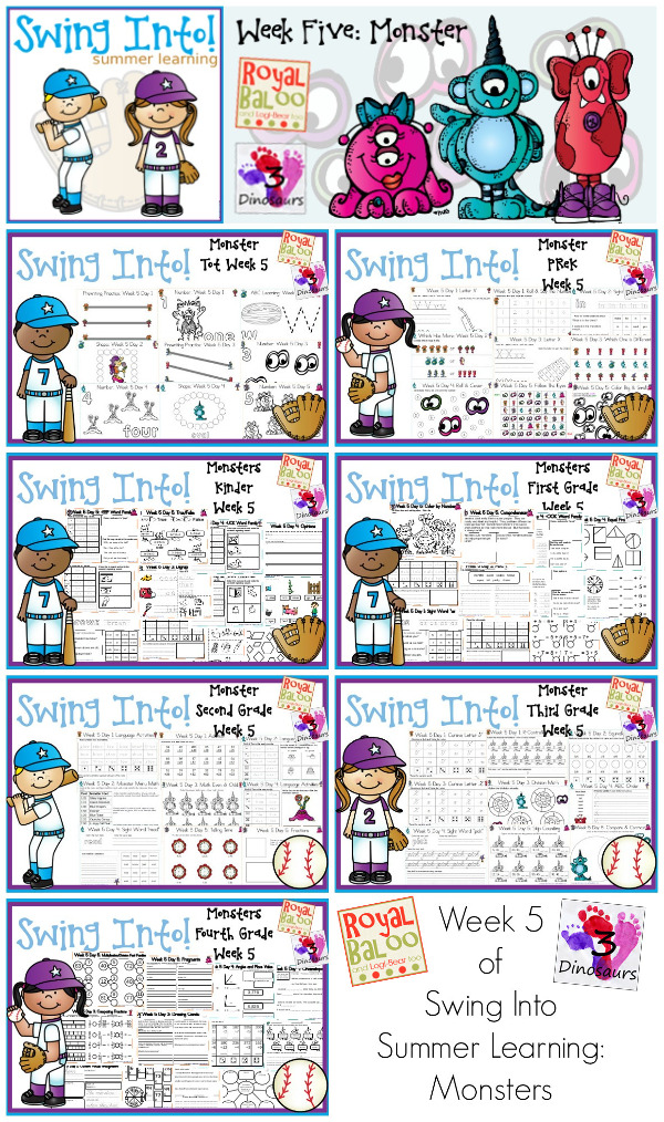 FREE Swing Into Summer Learning: Week 5 Monsters - 5 days of activities with 7 levels of learning: Tot, PreK, Kinder, First Grade, Second Grade, Third Grade and Fourth Grade - including math, language, abcs and more - 4 pages of printables for each day  - 3Dinosaurs.com & RoyalBaloo.com