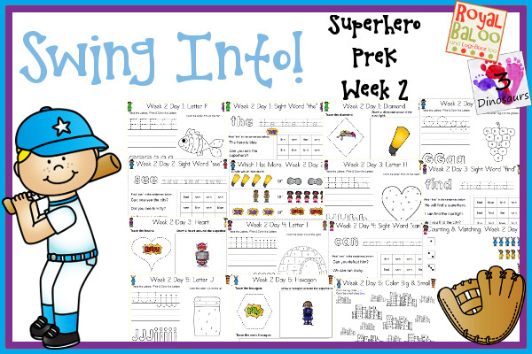 Swing Into Summer Learning: Week 2 Superhero - PreK: Alphabet: A, B, C, D, E; Sight Words: up, go, red, away, jump; Shapes: circle, square, triangle, oval & rectangle; and an extra learning page for each day - 3Dinosaurs.com