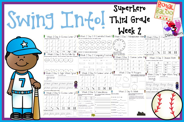 Swing Into Summer Learning: Week 2 Superhero - Third Grade: Sight Words: better, drink, grow, long, much; E R-Controlled Vowels, Cursive Alphabet: F, F, H, I, J; Math & Language - 3Dinosaurs.com & RoyalBaloo.com 