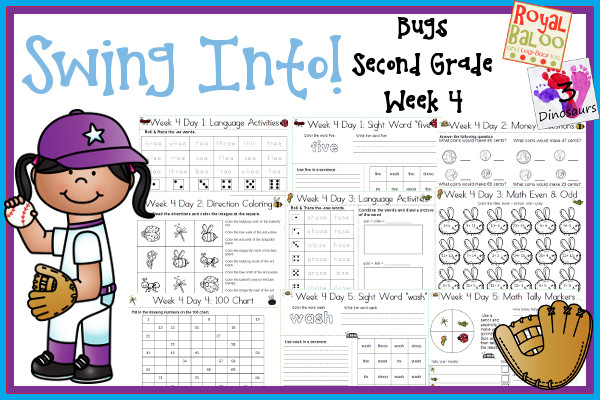 Swing Into Summer Learning: Week 4 Bugs - Second Grade: Second - Sight Words: five, its, sleep, those, wash; Word Family: -ee, -each or eech, -ose, -ief, -eik or eek; Math and Language - 3Dinosaurs.com