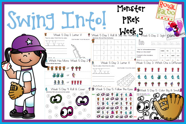 Swing Into Summer Learning: Week 5 Monsters - PreK: Alphabet:  V, W, X, Y, Z; Sight Words: make, in, for, you, said; Number: 1, 2, 3, 4, 5, 6, 7, 8, 9, 10; and an extra learning page for each day; and an extra learning page for each day - 3Dinosaurs.com