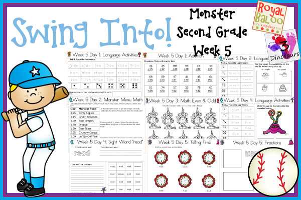 Swing Into Summer Learning: Week 5 Monsters - Second Grade: Second - Sight Words: because, made, read, work, your; Word Family: -ow ,  eath, -ew, -ue -oe; Math and Language - 3Dinosaurs.com