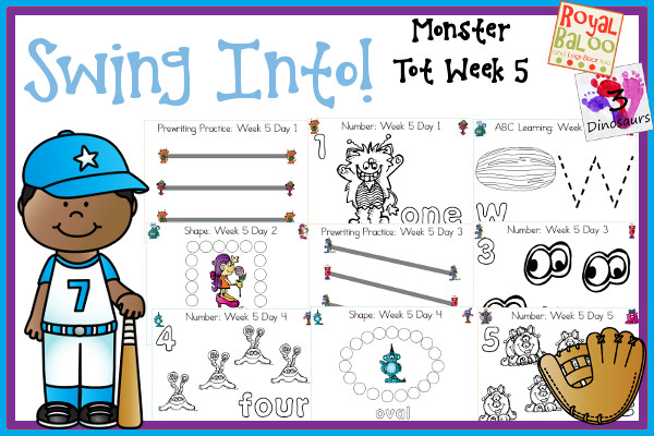 Swing Into Summer Learning: Week 5 Monsters - Tot: Prewriting,  Alphabet: V, W, X, Y, Z; Shapes: diamond, star, heart, crescent, hexagon; Numbers: 1, 2, 3, 4, 5 - 3Dinosaurs.com